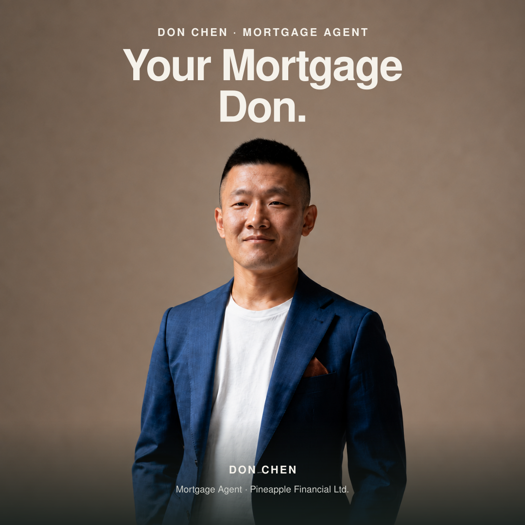 Don Chen in a blue blazer against a warm studio backdrop. Centred headline reads Your Mortgage Don.